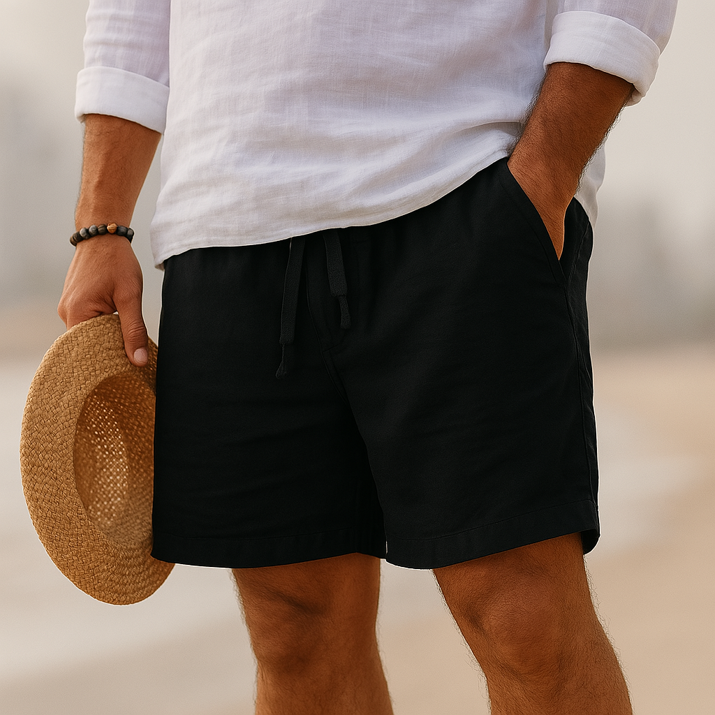 Close-up of breathable cotton linen fabric on men's shorts
