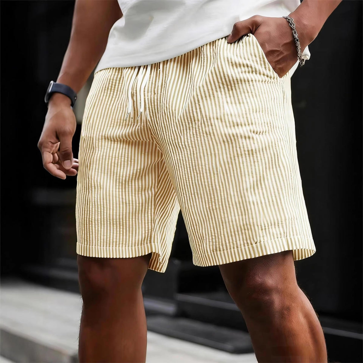 Men's striped shorts displayed from the back