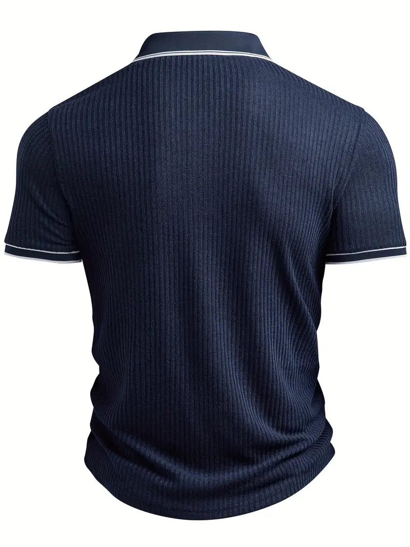 Close-up of the ribbed texture on a men's polo shirt
