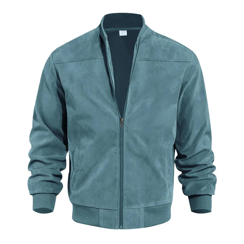 Men's Suede Bomber Jacket Stand Collar Casual Outwear