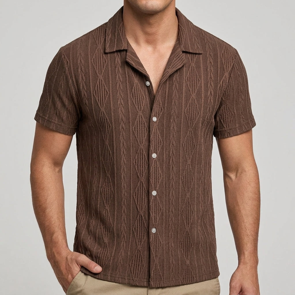 Men's patterned button-up shirt displayed from the front