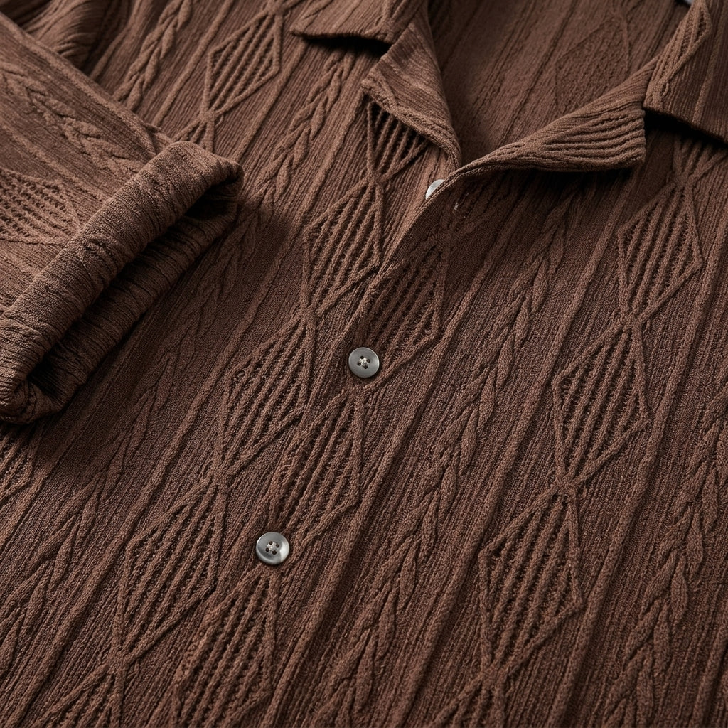 Back view of the men's patterned button-up shirt