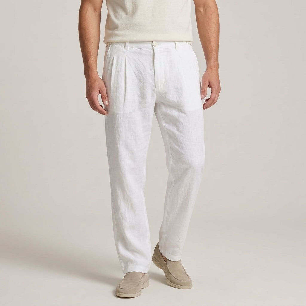 Close-up of men's linen-blend pants with a relaxed fit