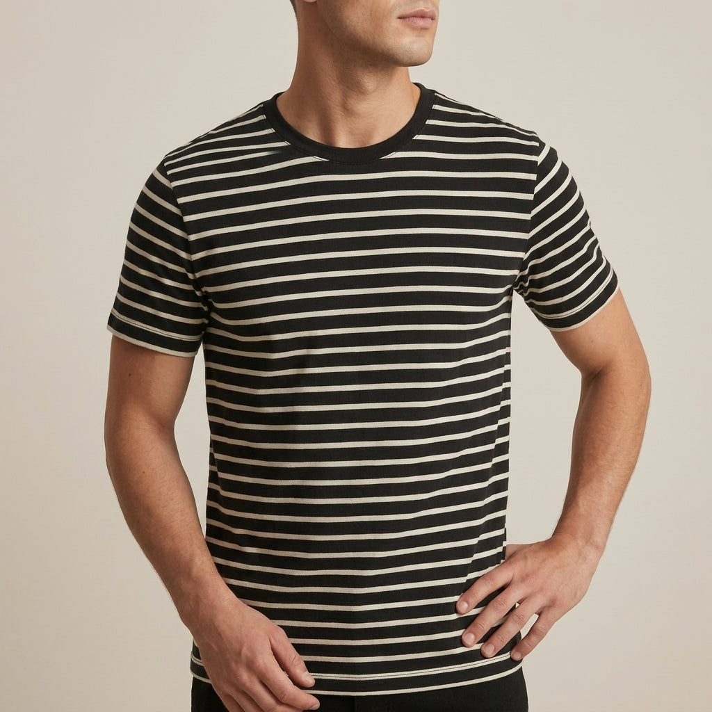 Men's striped cotton T-shirt in washed black, front view