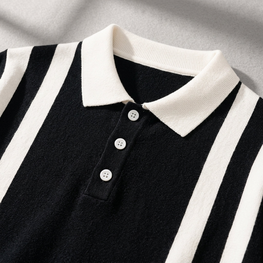 Men's striped cotton polo shirt detail showing the collar and button placket
