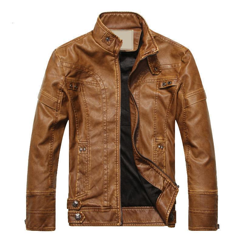 Men's faux leather bomber jacket back view with ribbed hem
