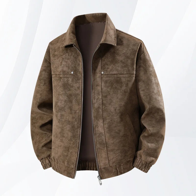 Men's Faux Suede Zip-Up Bomber Jacket Elastic Cuffs Spring Outerwear