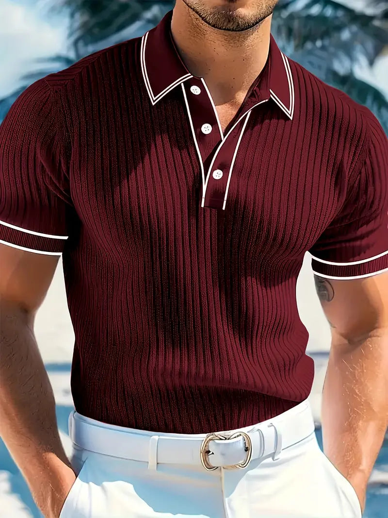 Men's ribbed polo shirt showing the structured collar