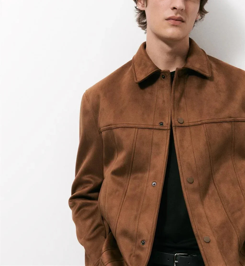 Men's Single Breasted Jacket Suede Lapel Outerwear