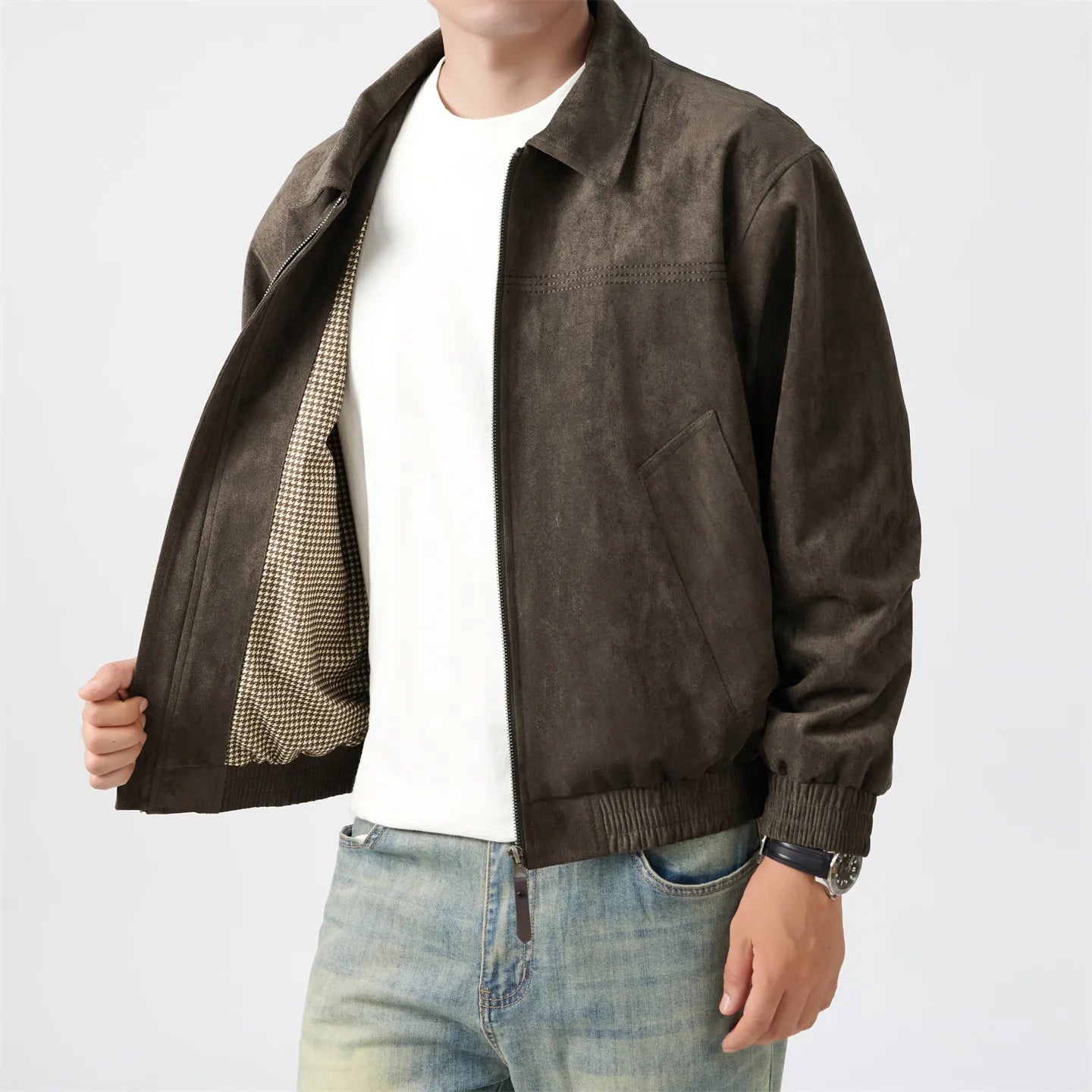Men's Cropped Boxy Faux Suede Coach Jacket Brown
