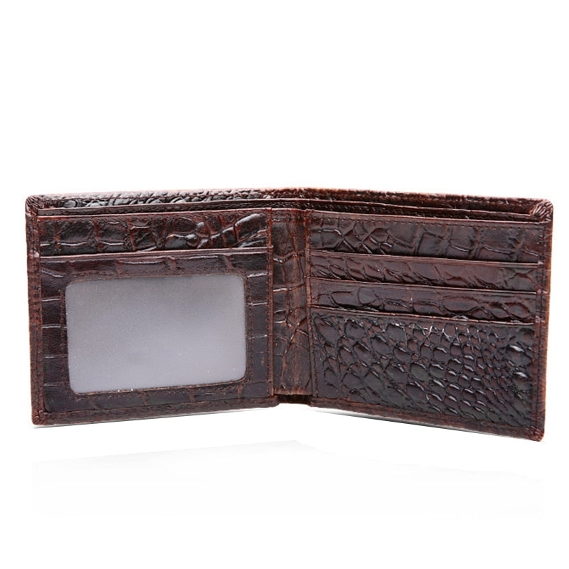 Angled view of textured leather wallet for men highlighting slim profile