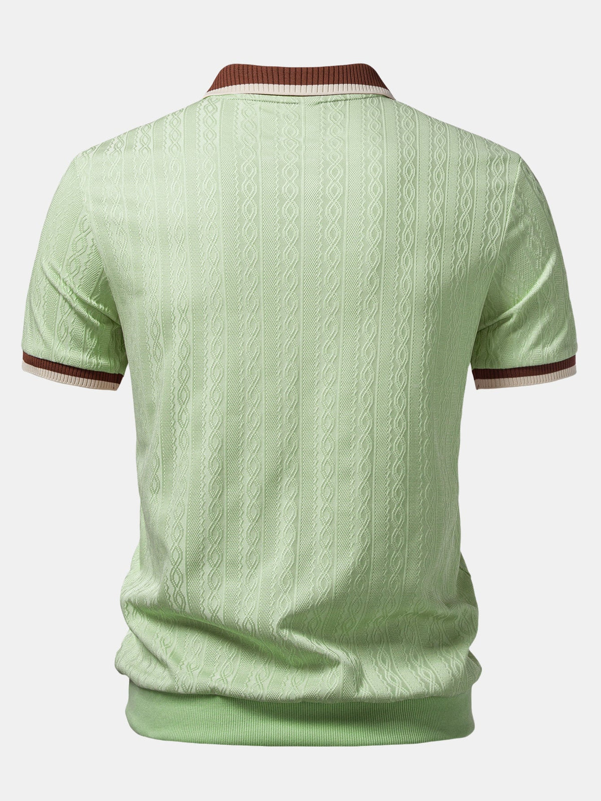 Back view of a men's textured knit polo shirt