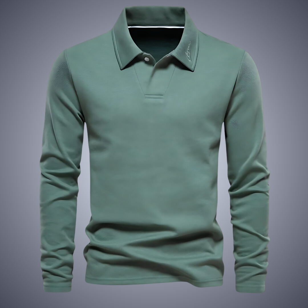 Front view of a men's polo shirt with a classic collar and short sleeves