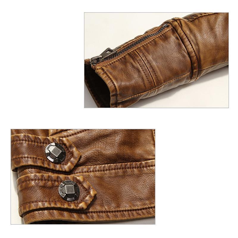 Close-up of men's faux leather bomber jacket collar and shoulder