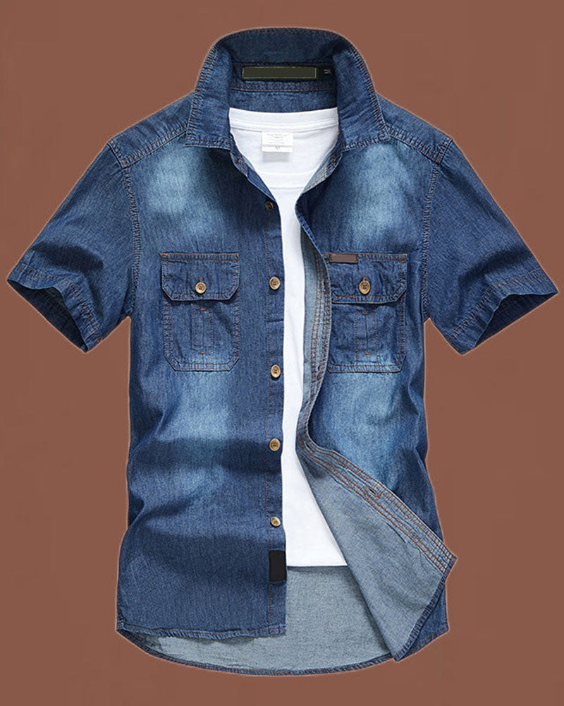 Close-up of the short-sleeve denim shirt fabric and stitching
