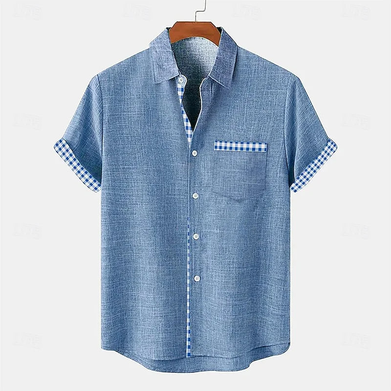 Men's shirt collar and gingham trim detail shown up close.