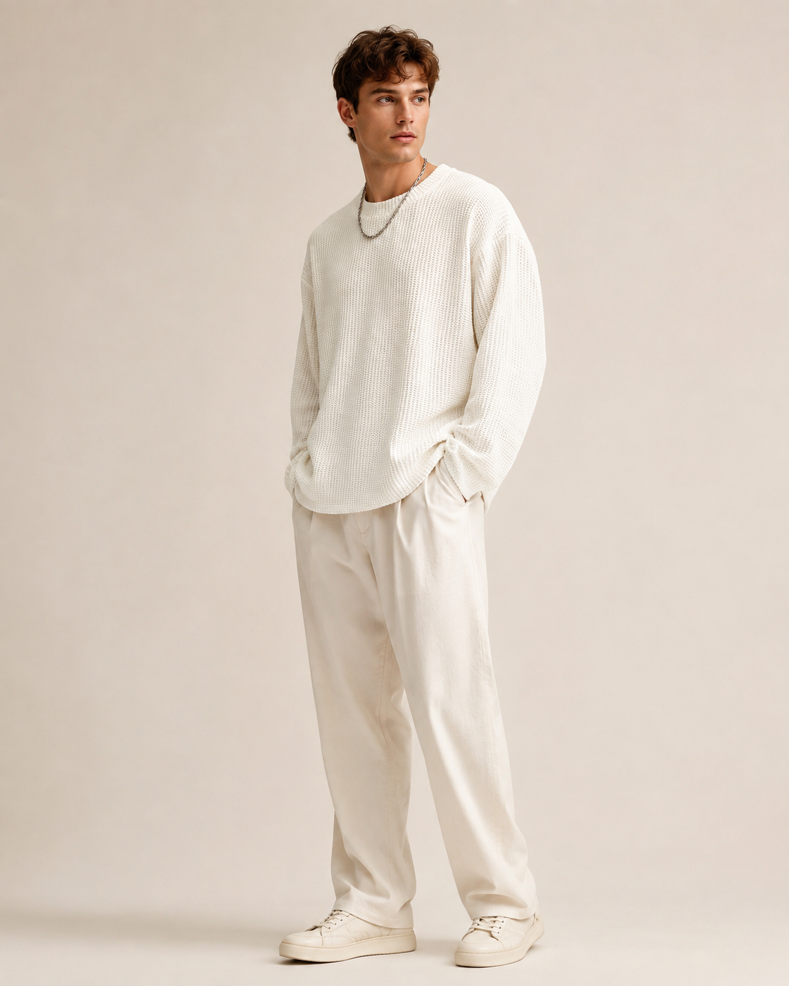 Side view of the men's waffle pullover sweater