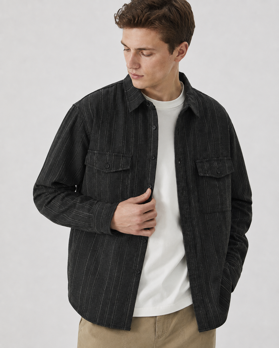 Side view of the men's button-up overshirt