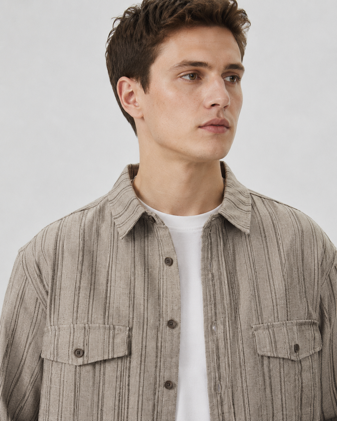 Front view highlighting the overshirt collar and chest pockets