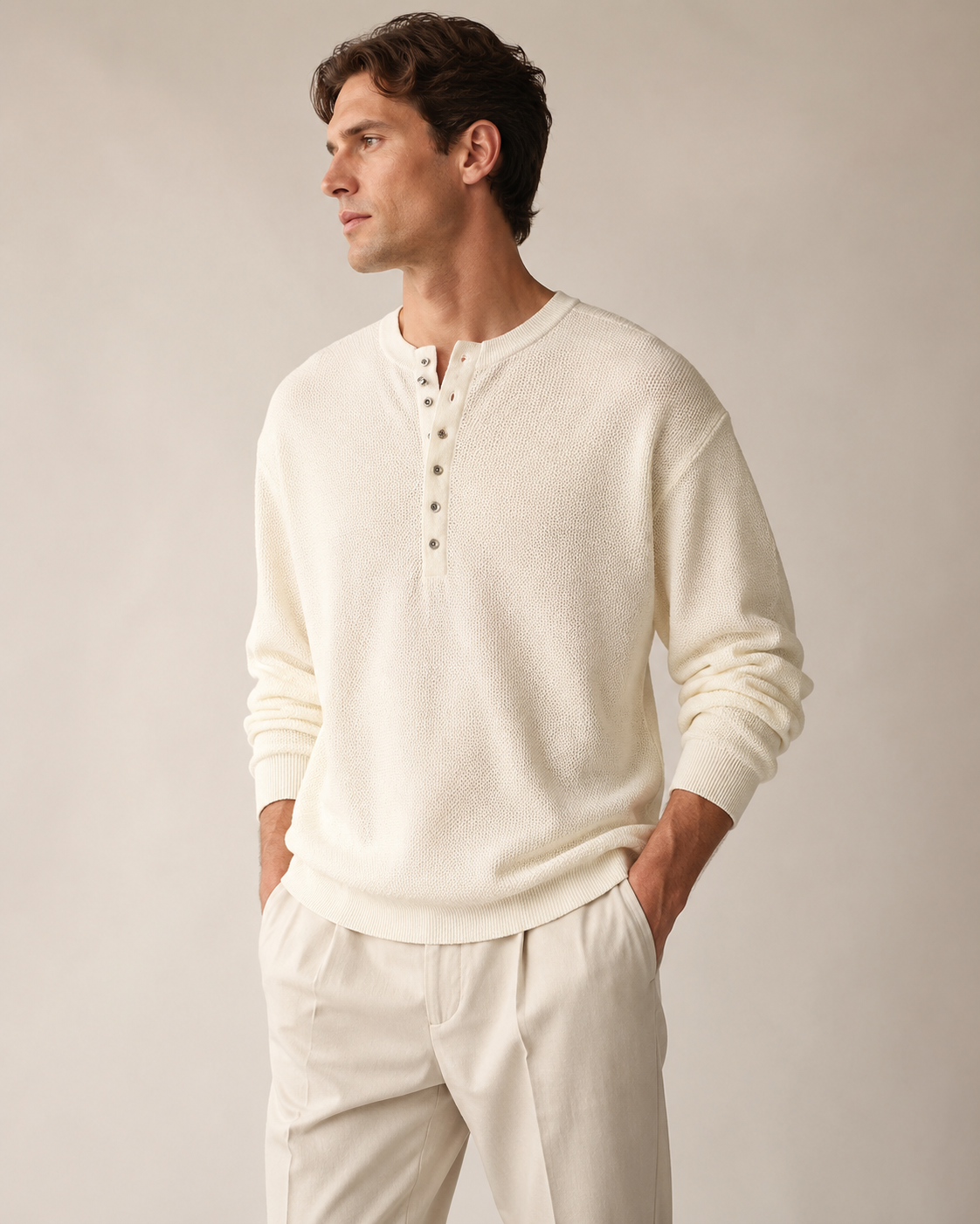 Men's textured knit henley shirt shown from the front