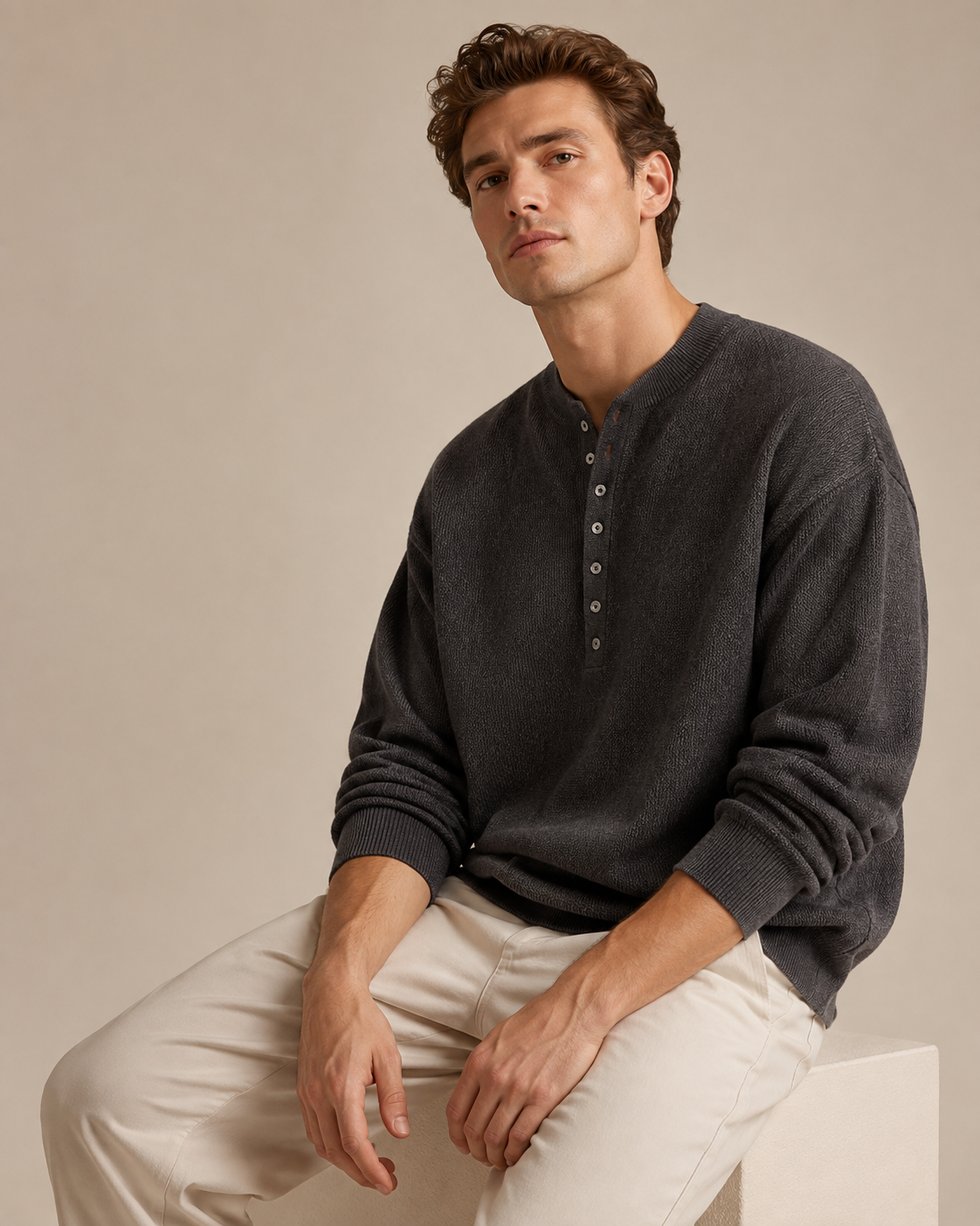 Side view of the men's textured knit henley shirt