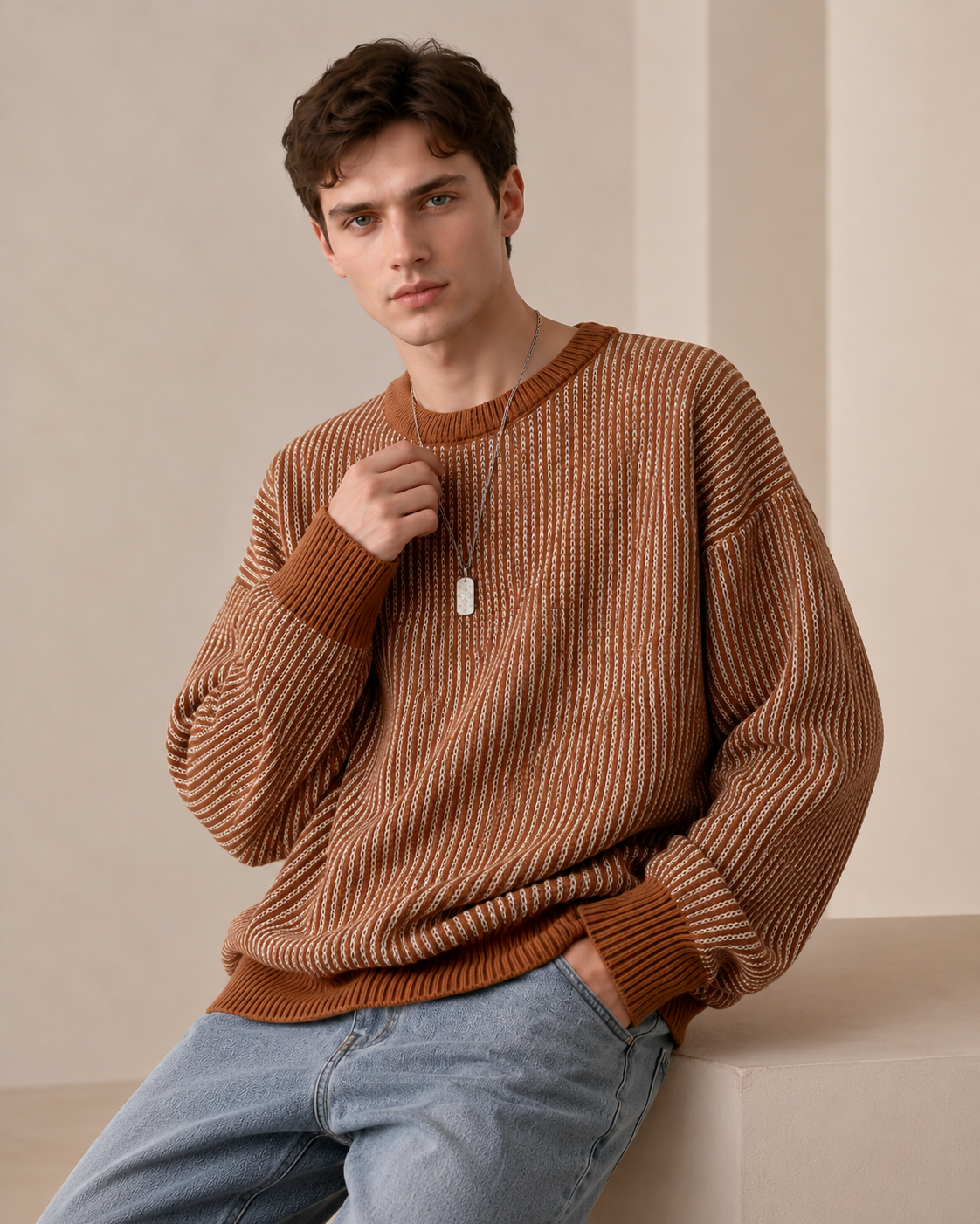 Men's textured stripe crewneck sweater shown in full