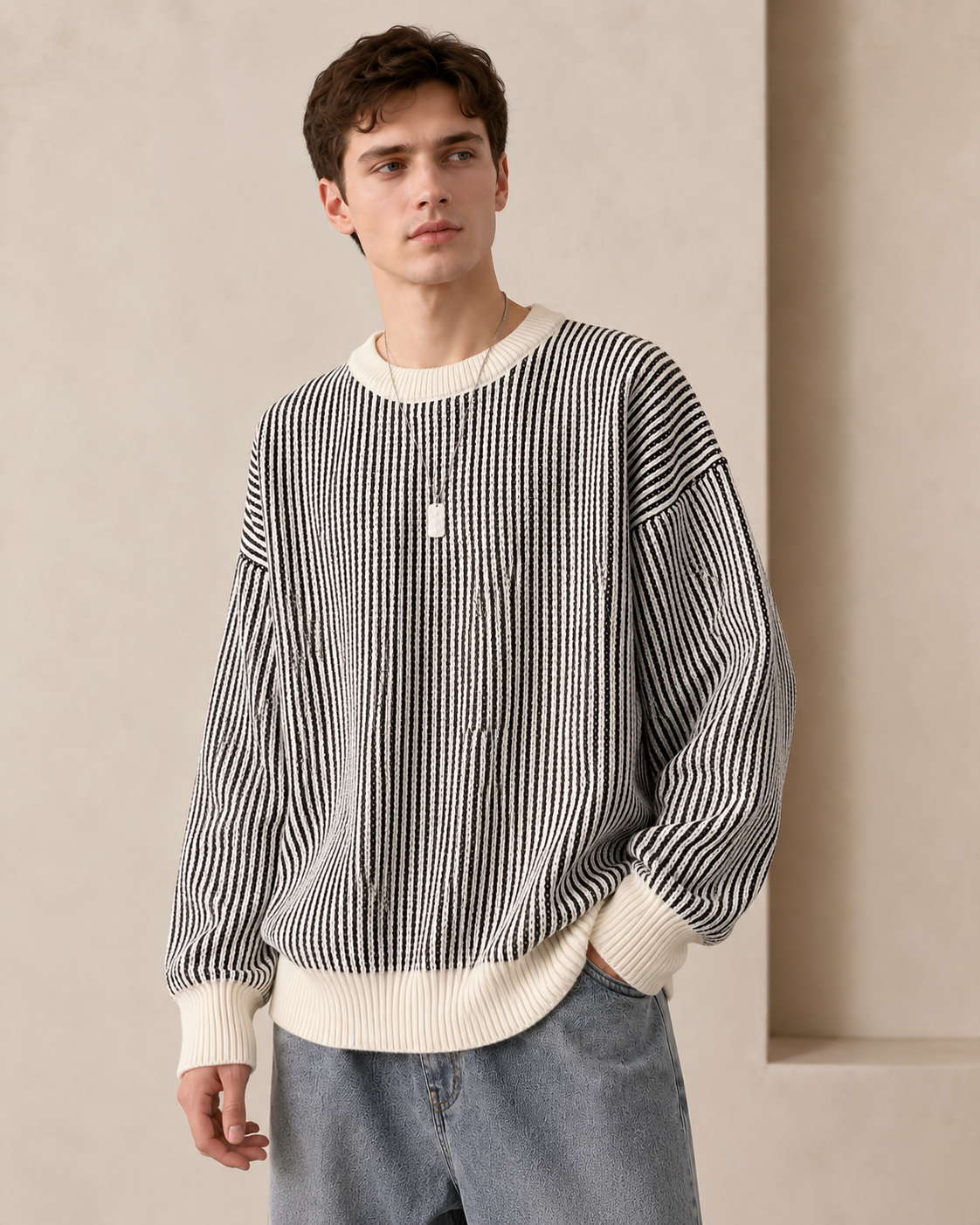Side view of the men's textured stripe sweater