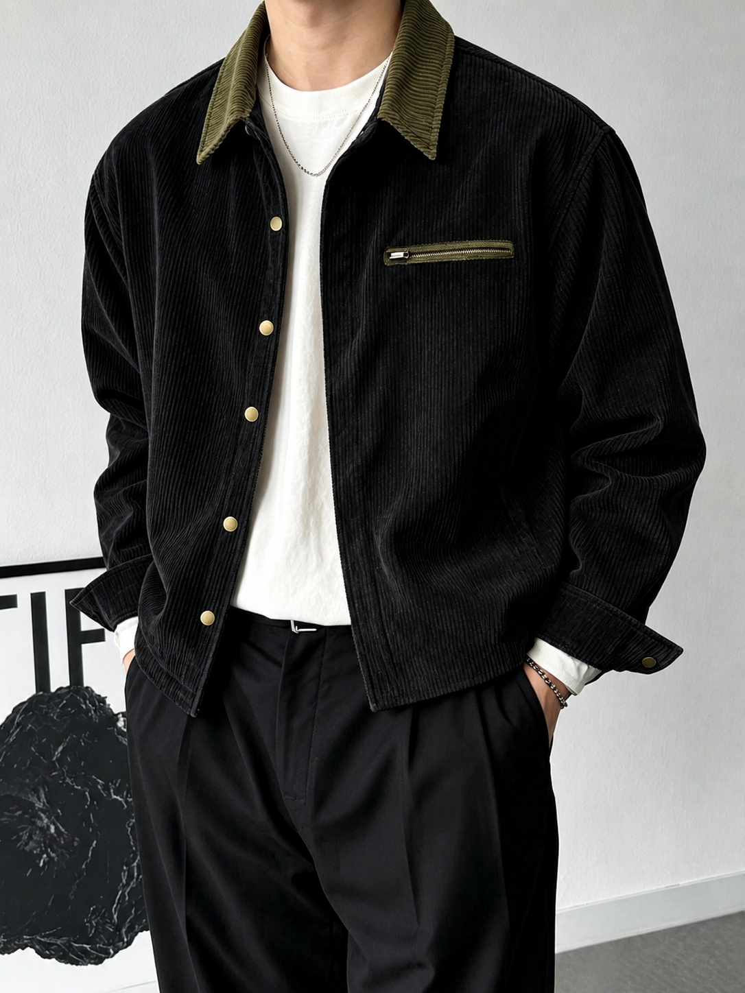 Men's corduroy shirt jacket displayed front-facing on a clean background.