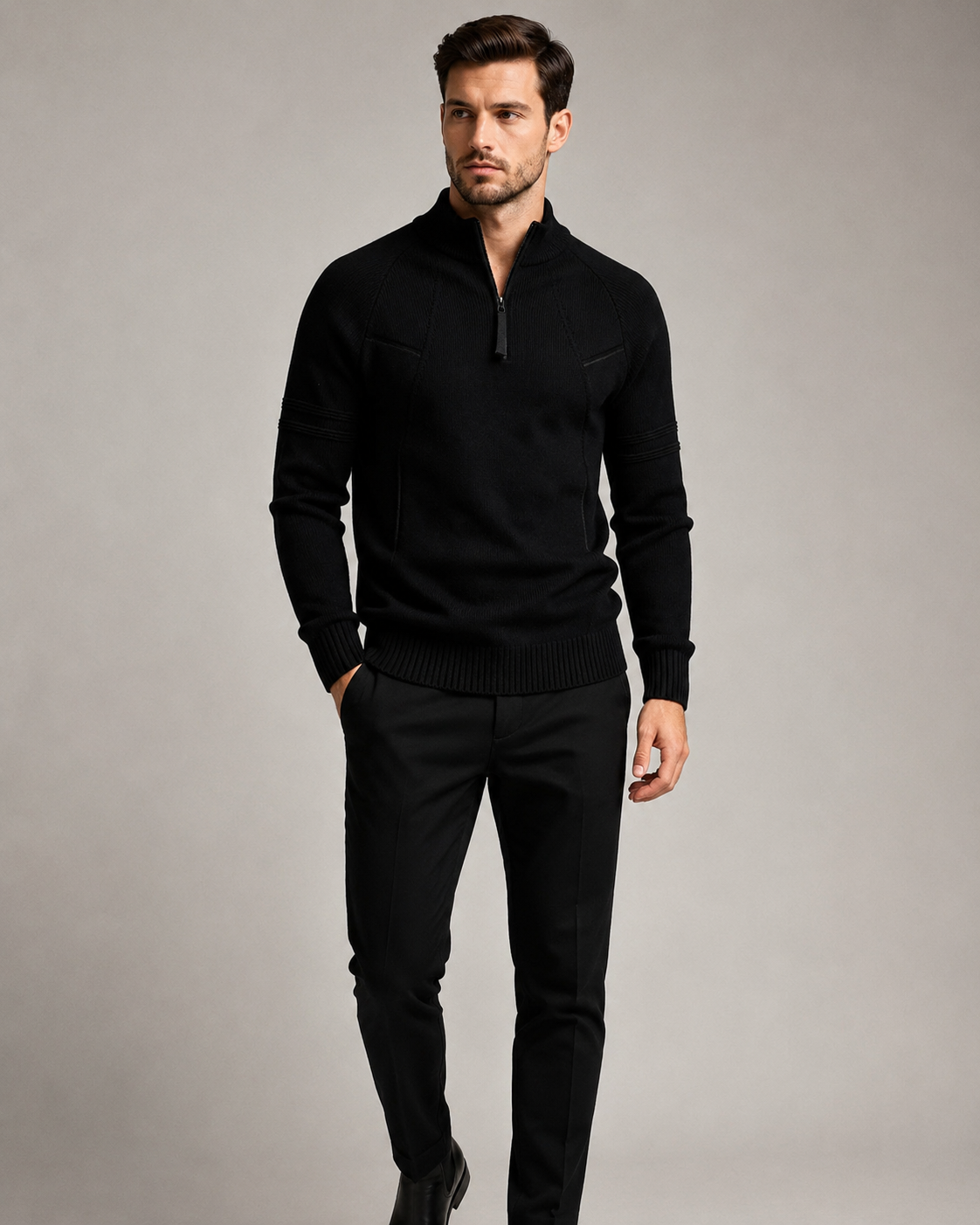 Men's sweater shown at the neckline with a structured front zip