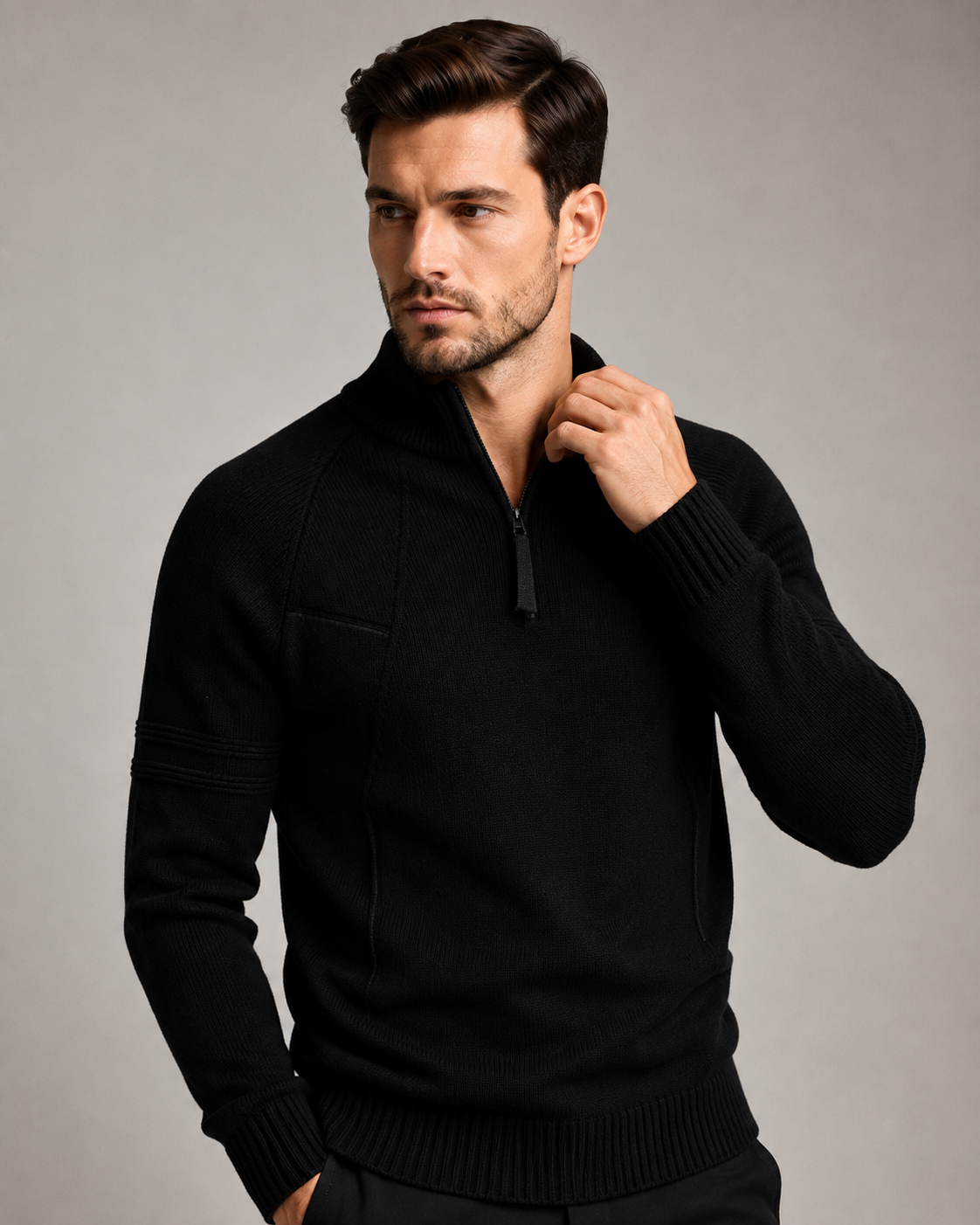 Back view of a men's fitted knit sweater with clean, simple styling