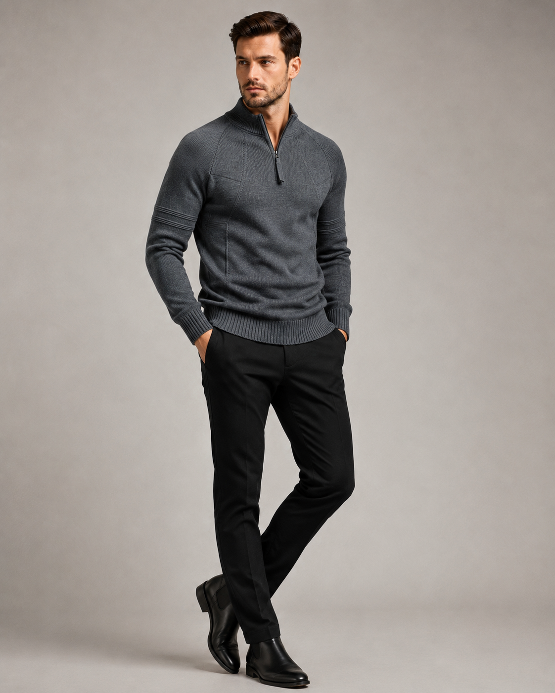 Men's fitted knit sweater shown with the front zip fully closed