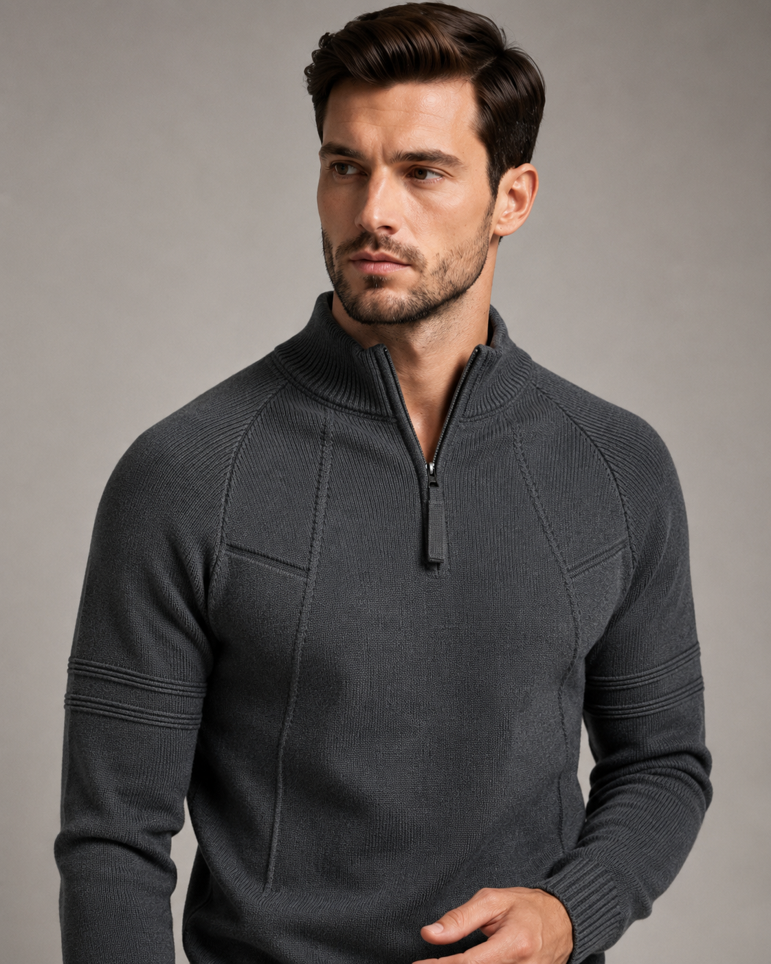 Detailed view of the sweater cuffs and fitted sleeve design