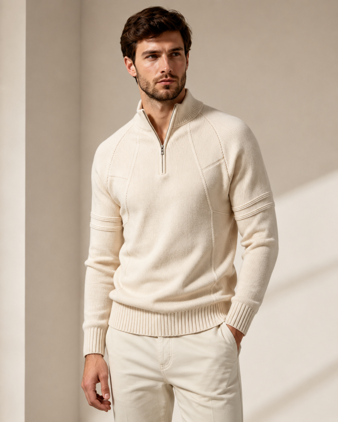 Front view of a men's fitted sweater with a textured knit construction