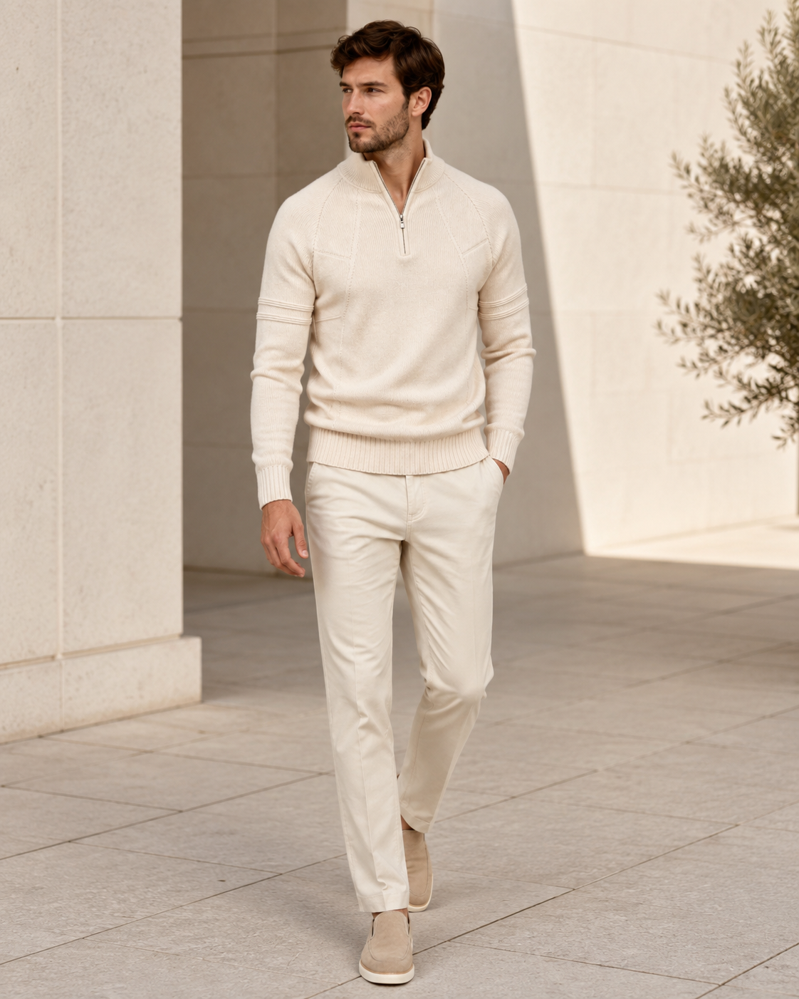Close-up of the sweater's knit texture and front zipper detail