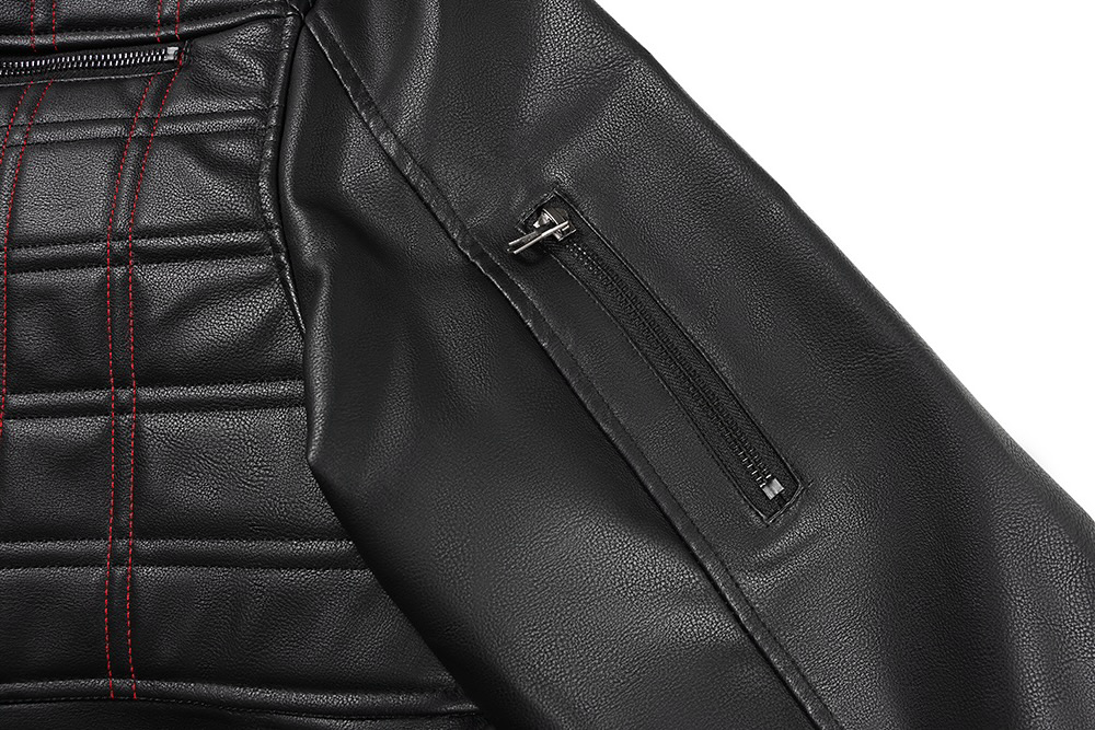 A close-up of a Black Quilted Faux Leather Moto Jacket