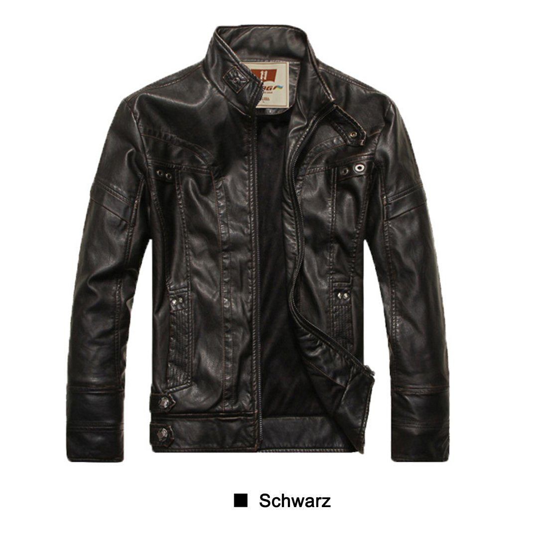 Close-up of men's faux leather bomber jacket ribbed hem