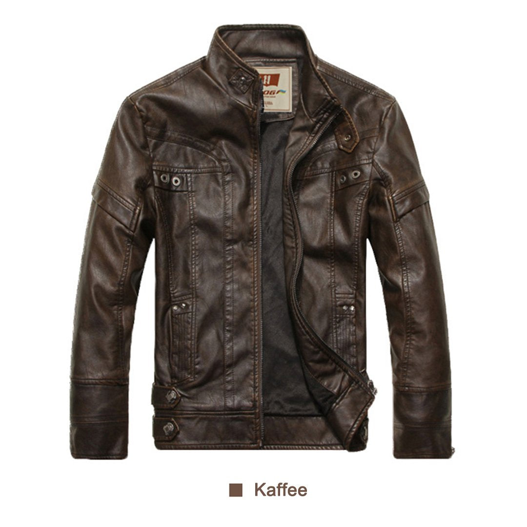 Men's faux leather bomber jacket angled front view