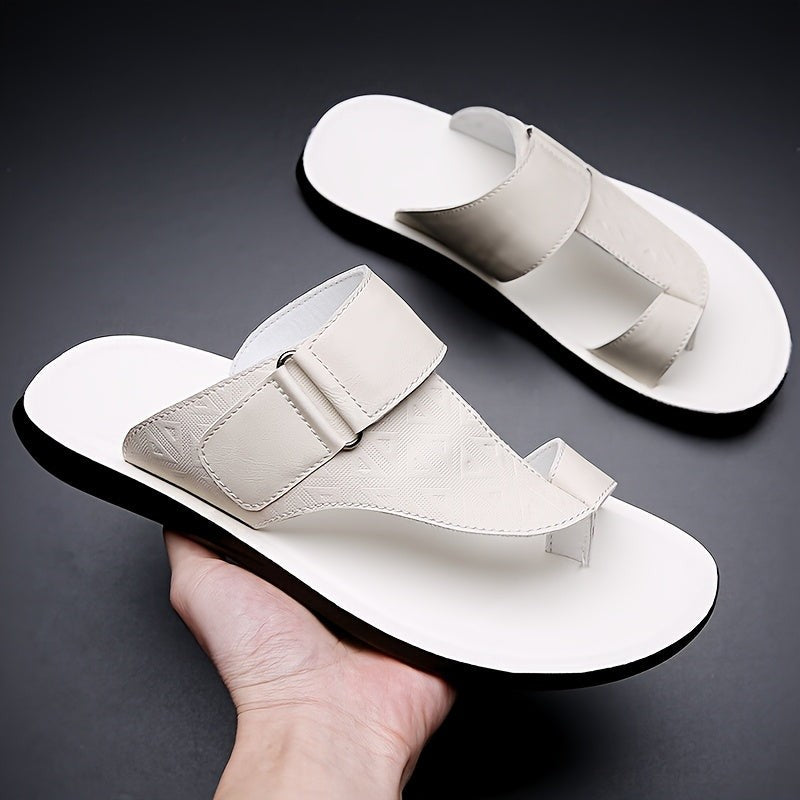 Men's leather thong slides with a toe loop shown from the front
