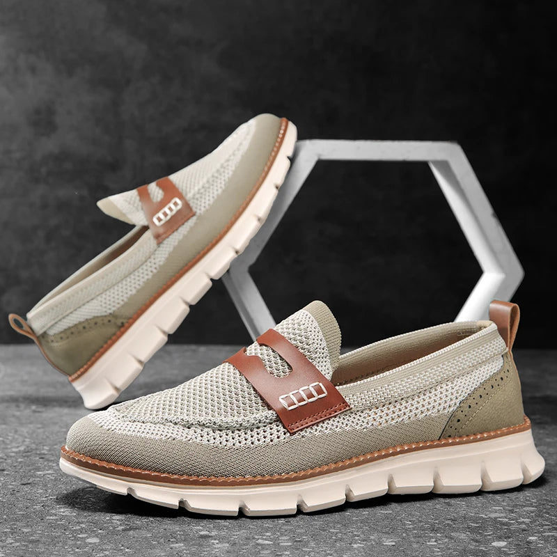 Close-up view of the textured mesh upper on a penny loafer
