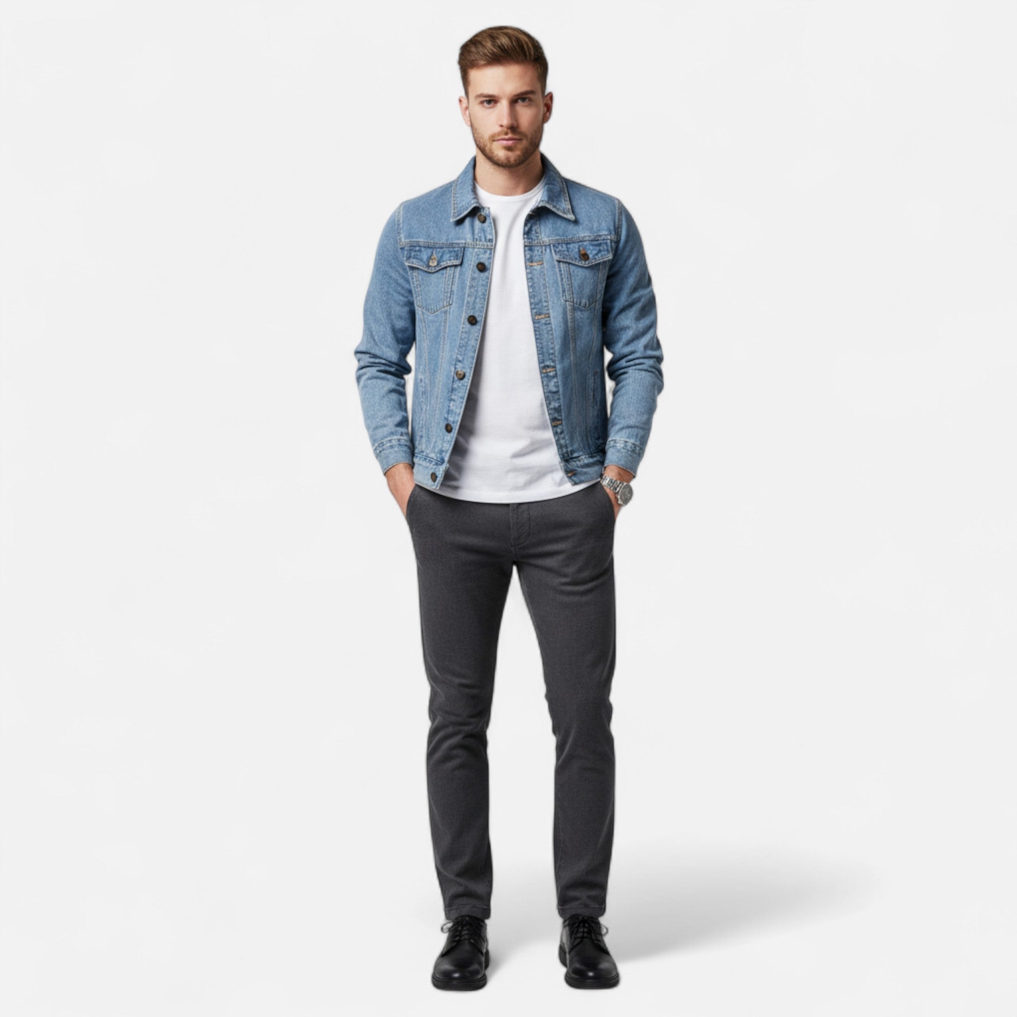 Men's denim jacket highlighting its slim fit silhouette