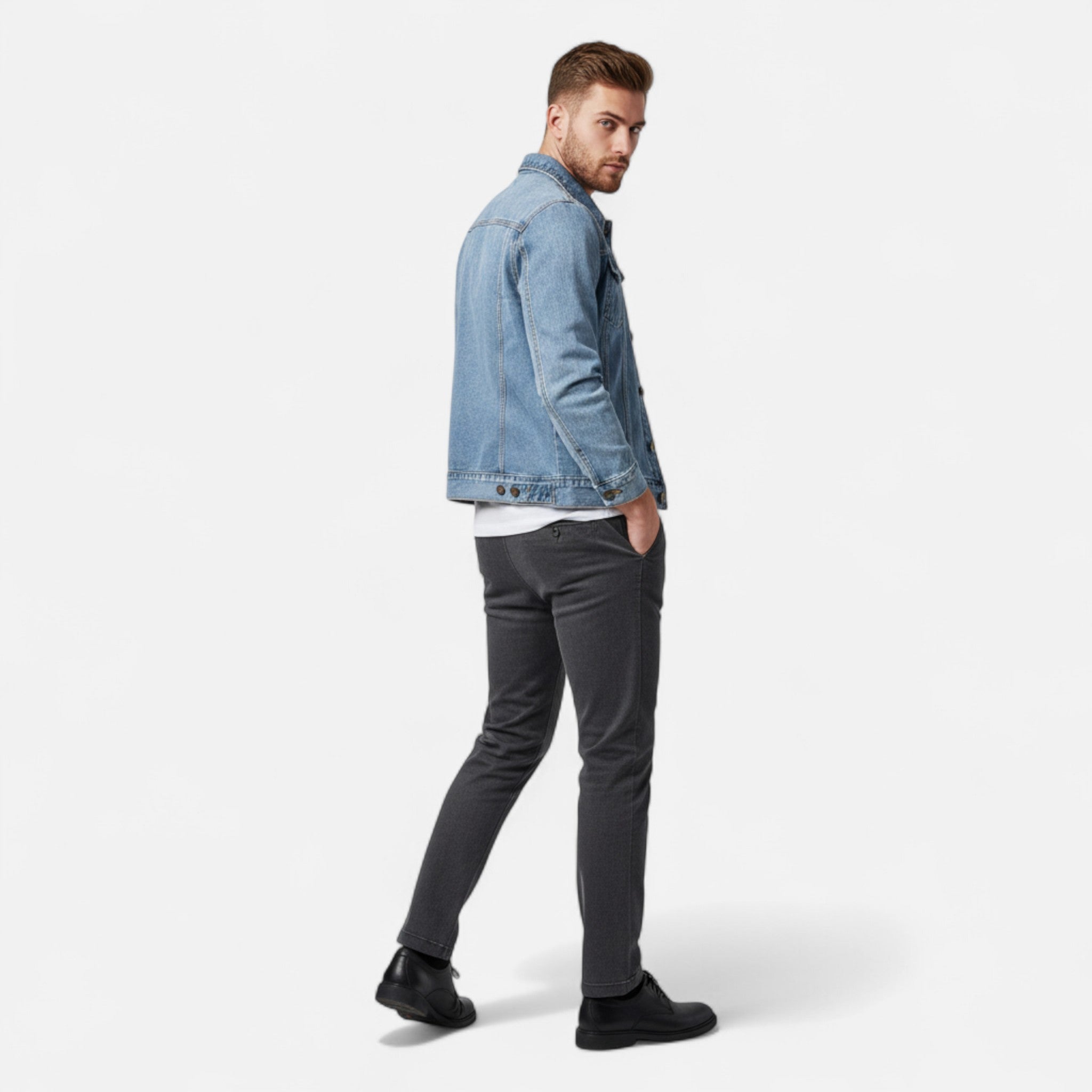 Side view of a men's blue denim jacket for everyday wear