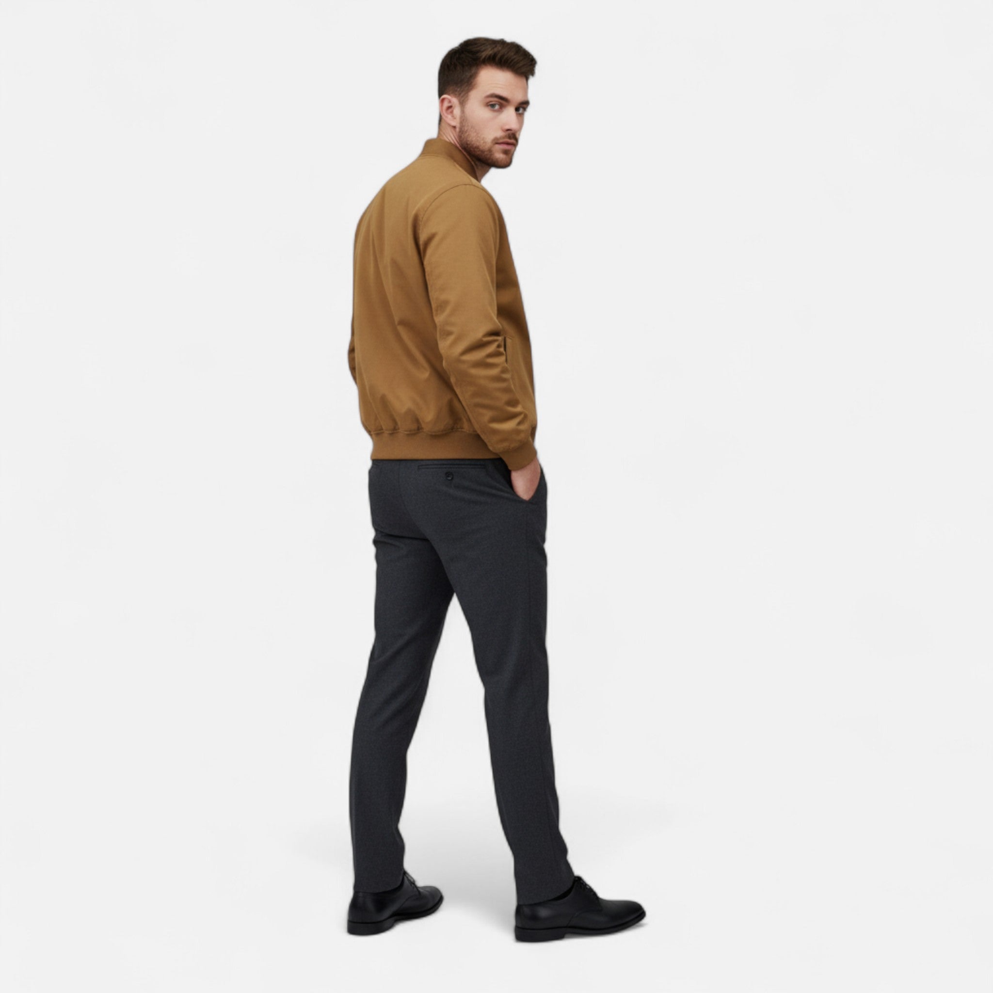 Men's bomber jacket showing ribbed collar, cuffs, and hem