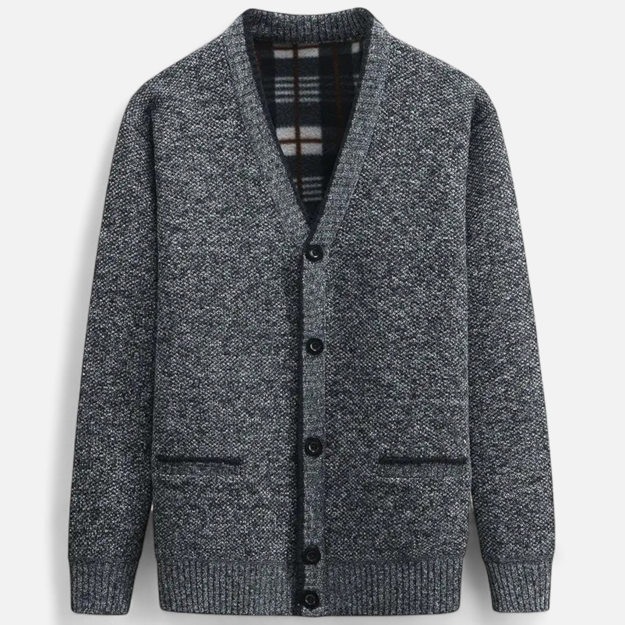 Close-up of the cardigan sweater's textured knit fabric