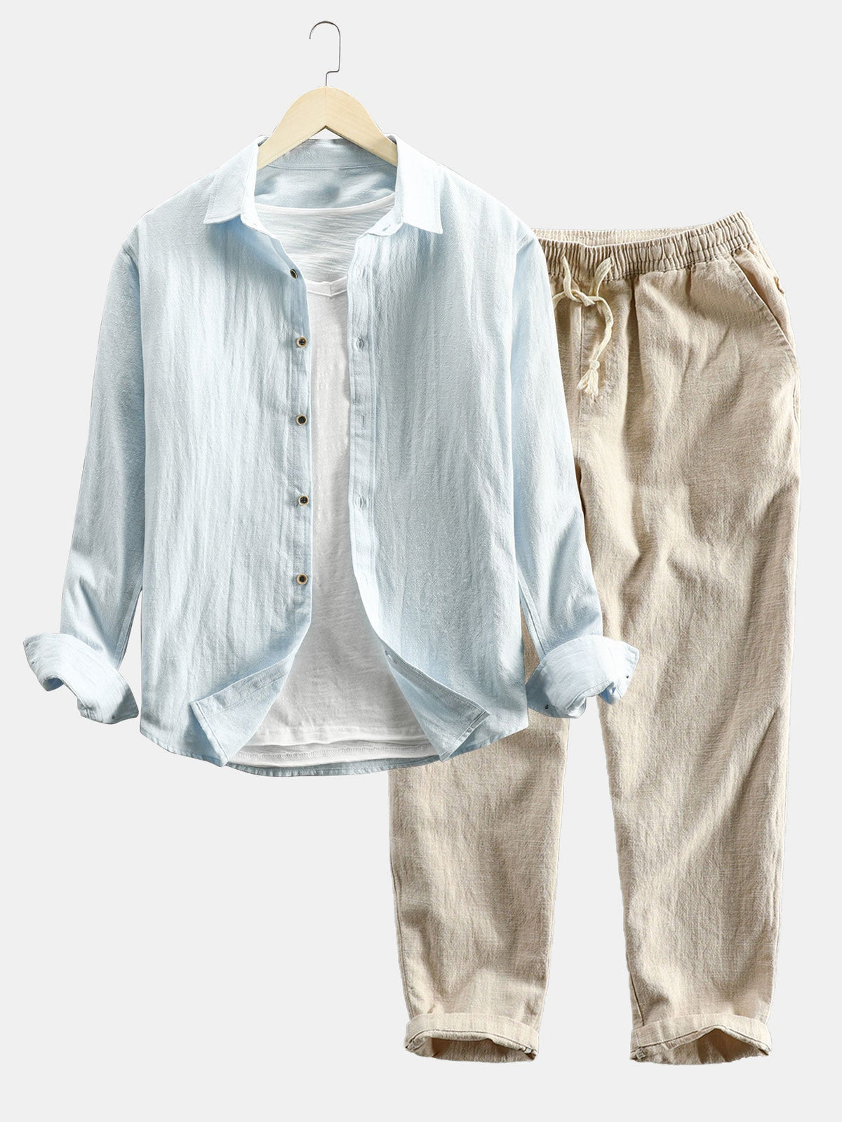 Men's linen two-piece set featuring a button-front shirt and matching pants.