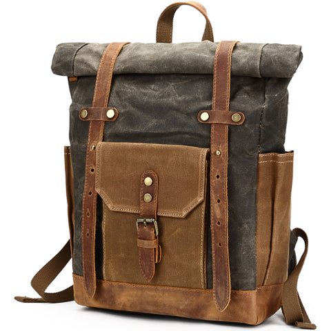 Vintage water-resistant backpack viewed from an angled front side