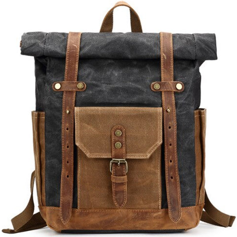 Vintage water-resistant backpack opened to show the main storage compartment