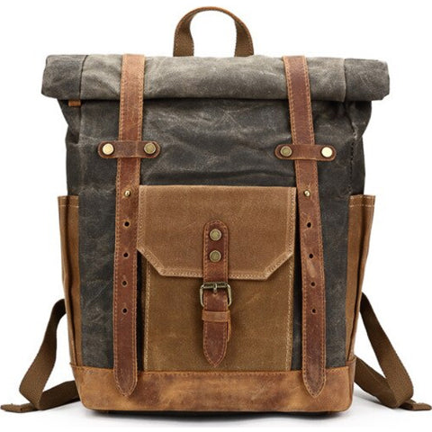 Vintage water-resistant backpack shown from the front with a classic structured design