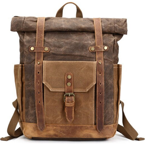 Side view of the vintage water-resistant backpack showing its slim profile