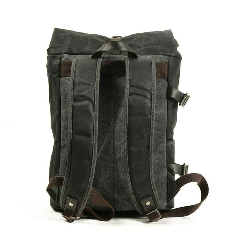 Top view of vintage motorcycle backpack showing handle and opening access
