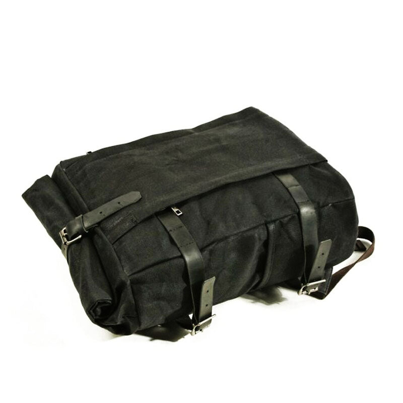 Close-up of vintage motorcycle backpack material and vintage-inspired hardware